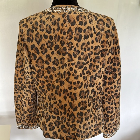 Animal Print Quilted Genuine Leather Jacket with Woven Chain Trim - Picture 3 of 15